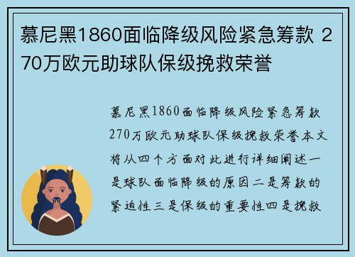 慕尼黑1860面临降级风险紧急筹款 270万欧元助球队保级挽救荣誉